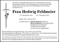 Traueranzeige Hedwig Feldmeier