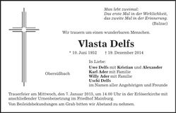 Traueranzeige Vlasta Delfs