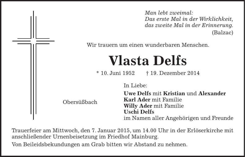Traueranzeige Vlasta Delfs