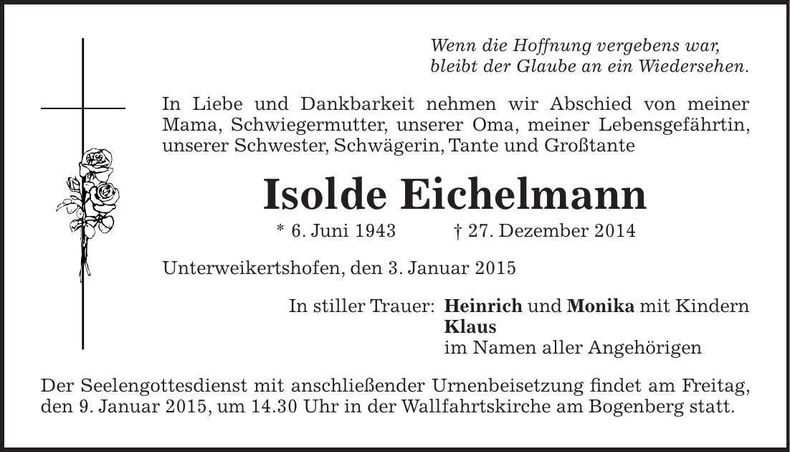 Traueranzeige Isolde Eichelmann