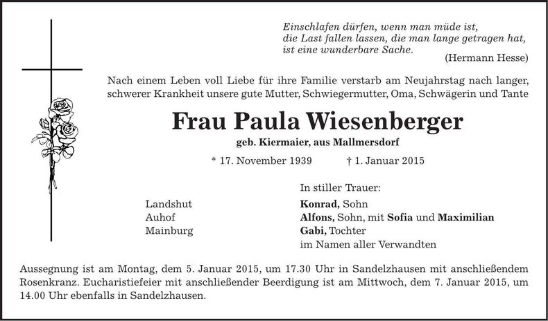Traueranzeige Paula Wiesenberger