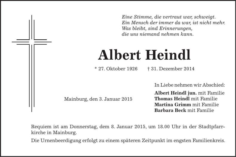 Traueranzeige Albert Heindl