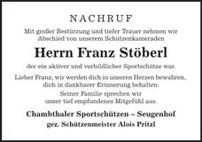 Traueranzeige Franz Stöberl