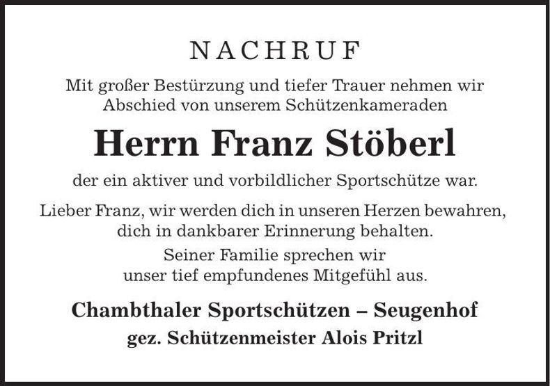 Traueranzeige Franz Stöberl
