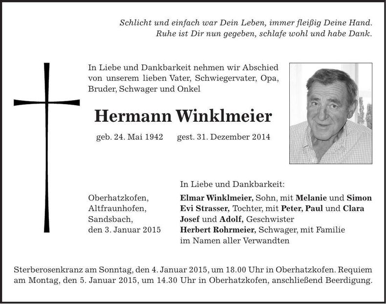 Traueranzeige Hermann Winklmeier
