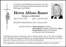 Traueranzeige Alfons Bauer