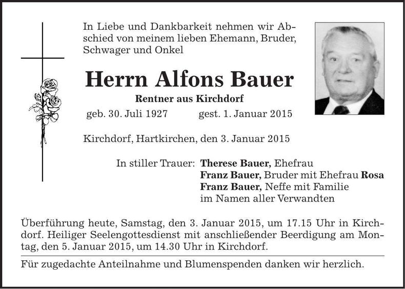 Traueranzeige Alfons Bauer