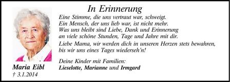 Traueranzeige Maria Eibl