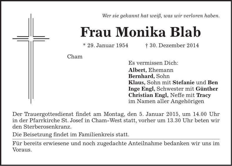 Traueranzeige Monika Blab