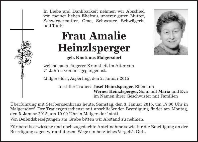 Traueranzeige Amalie Heinzlsperger
