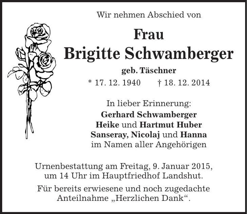 Traueranzeige Brigitte Schwamberger