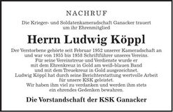 Traueranzeige Ludwig Köppl