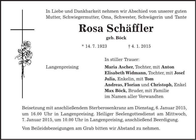 Traueranzeige Rosa Schäffler