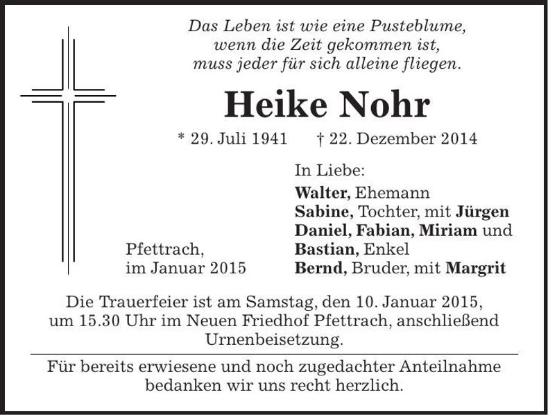 Traueranzeige Heike Nohr