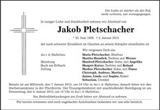 Traueranzeige Jakob Pletschacher