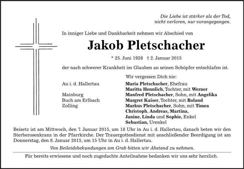 Traueranzeige Jakob Pletschacher