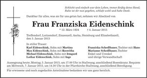 Traueranzeige Franziska Eidenschink