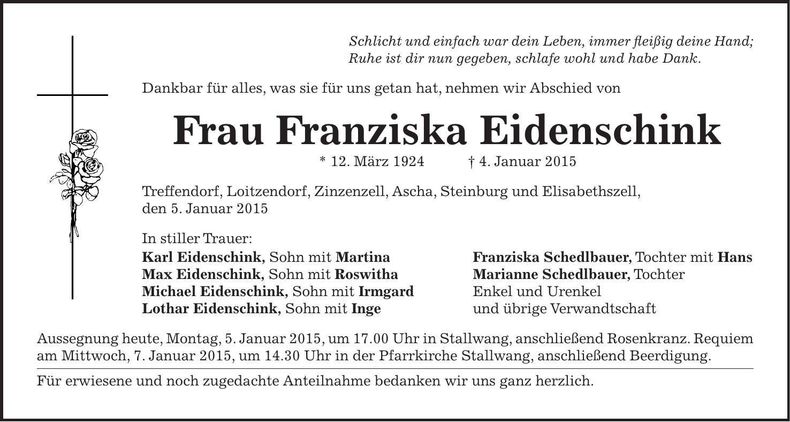 Traueranzeige Franziska Eidenschink