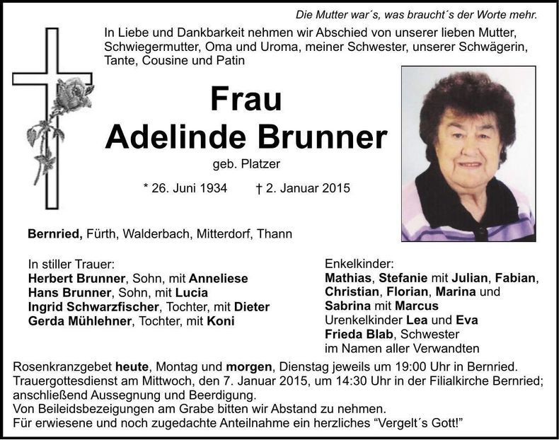 Traueranzeige Adelinde Brunner