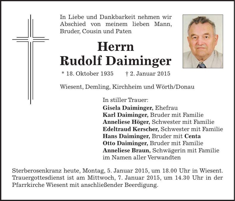 Traueranzeige Rudolf Daiminger