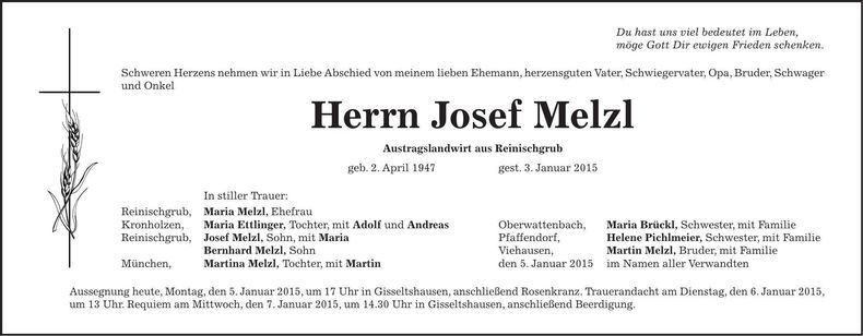 Traueranzeige Josef Melzl
