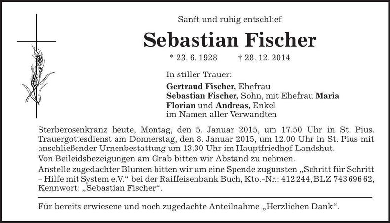 Traueranzeige Sebastian Fischer