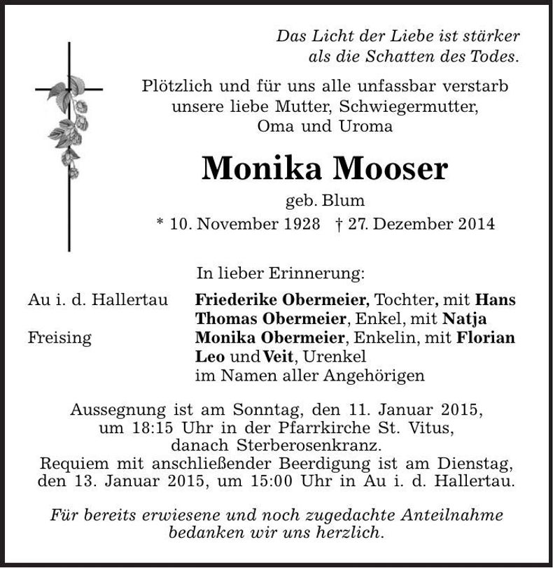 Traueranzeige Monika Mooser