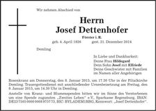 Traueranzeige Josef Dettenhofer