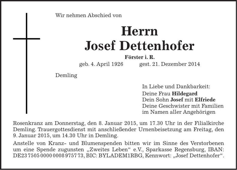 Traueranzeige Josef Dettenhofer