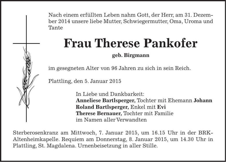 Traueranzeige Therese Pankofer
