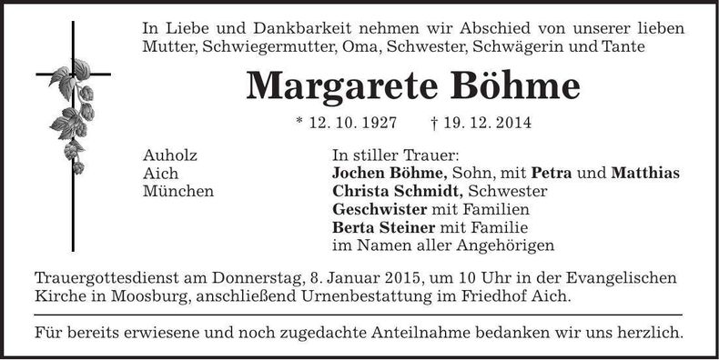 Traueranzeige Margarete Böhme