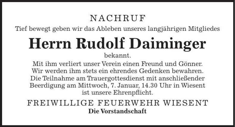 Traueranzeige Rudolf Daiminger