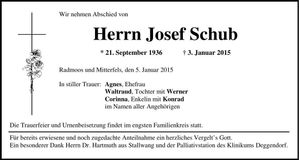 Traueranzeige Josef Schub