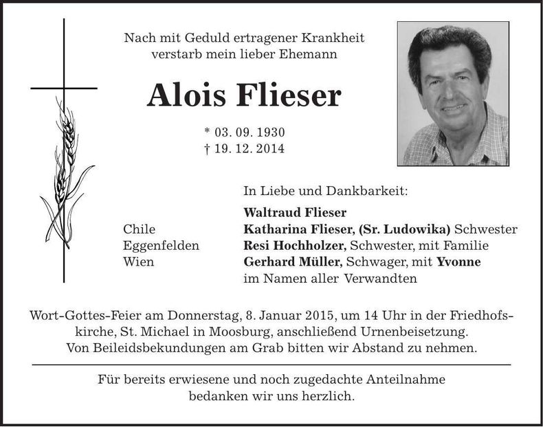 Traueranzeige Alois Flieser