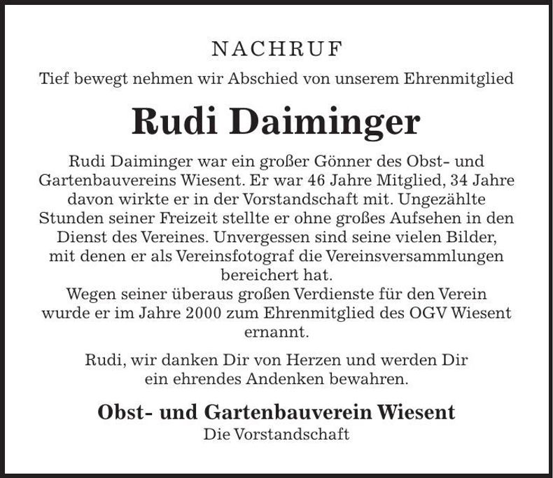 Traueranzeige Rudi Daiminger