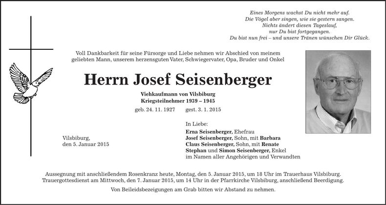Traueranzeige Josef Seisenberger