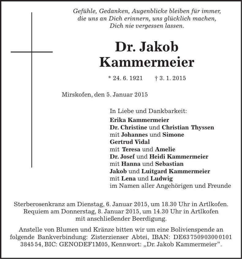 Traueranzeige Jakob Dr. Kammermeier