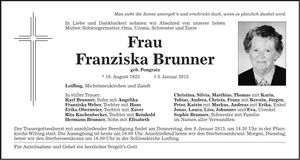 Traueranzeige Franziska Brunner