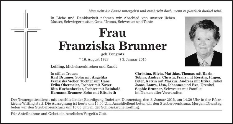 Traueranzeige Franziska Brunner