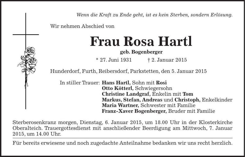 Traueranzeige Rosa Hartl