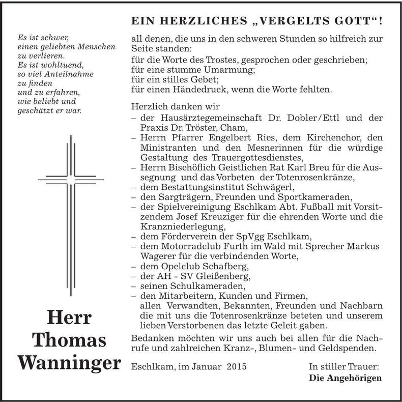 Traueranzeige Thomas Wanninger