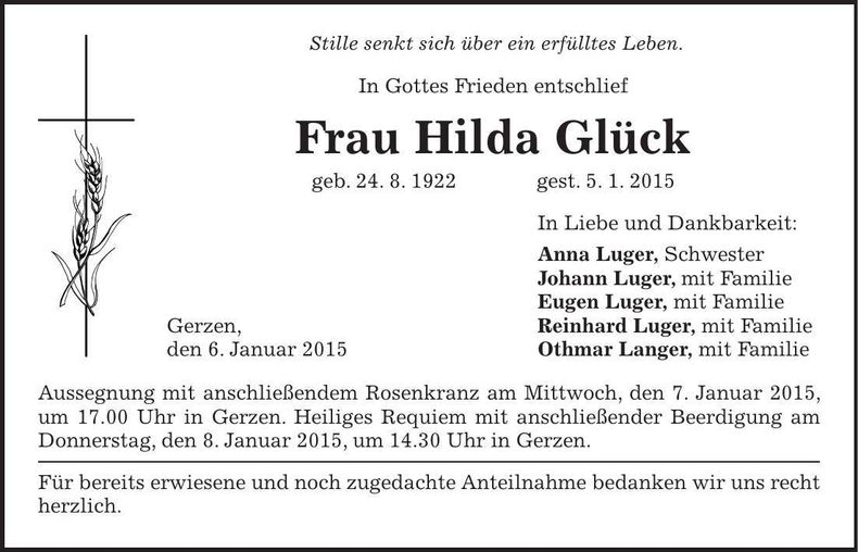Traueranzeige Hilda Glück