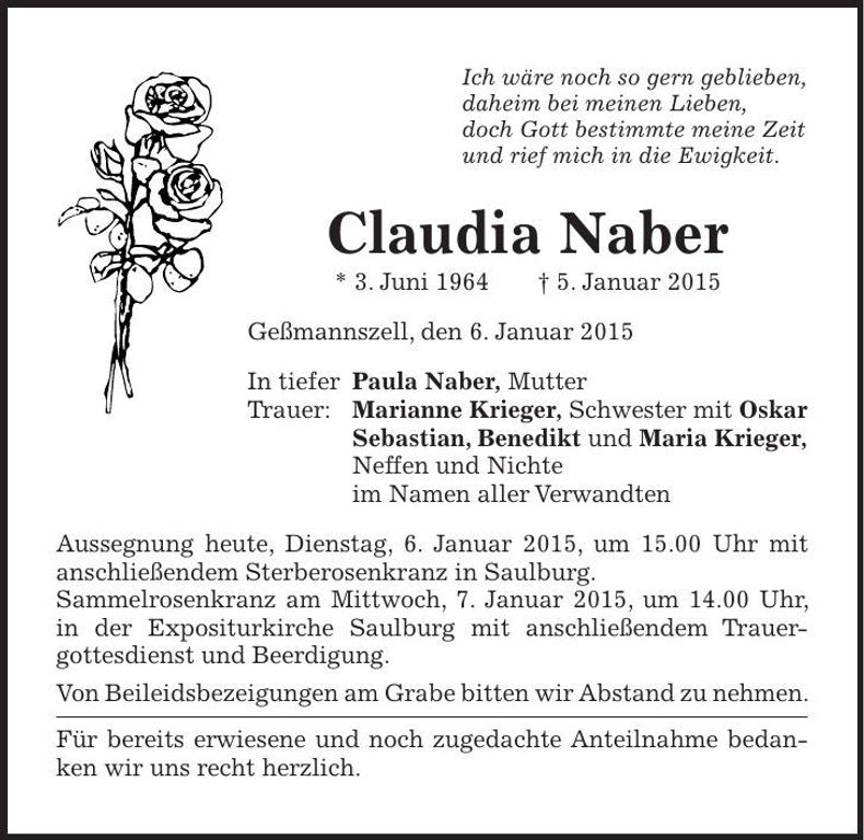 Traueranzeige Claudia Naber