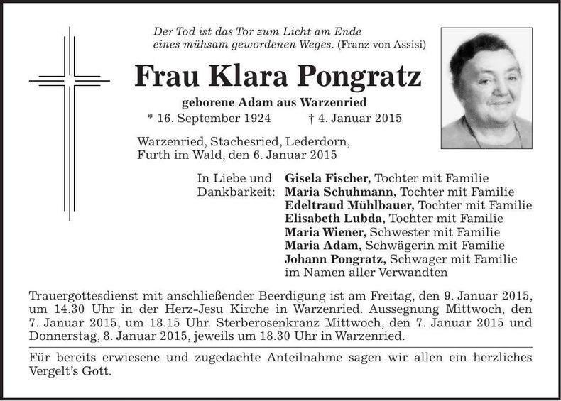 Traueranzeige Klara Pongratz