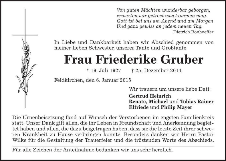 Traueranzeige Friederike Gruber