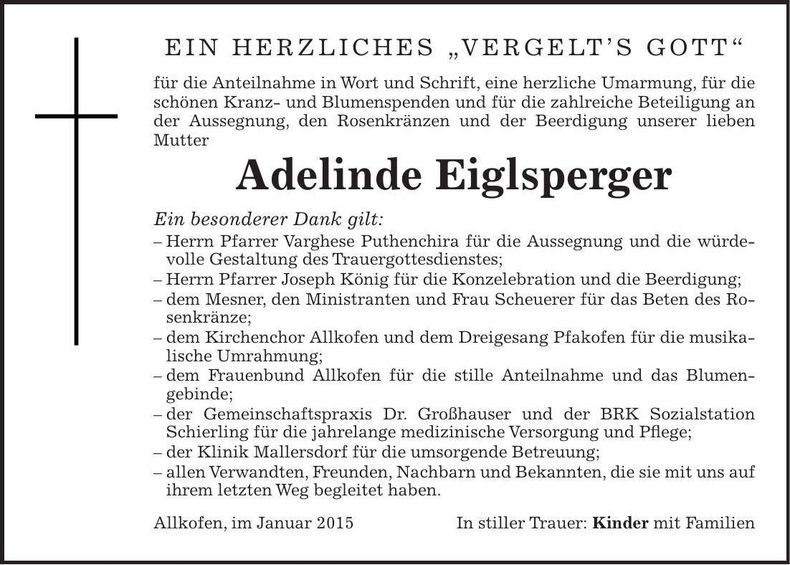 Traueranzeige Adelinde Eiglsperger