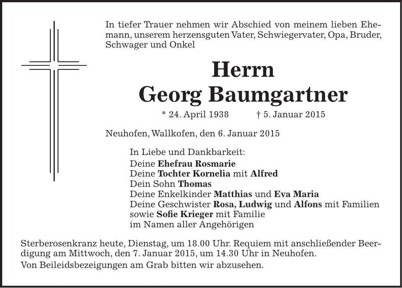 Traueranzeige Georg Baumgartner