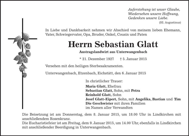 Traueranzeige Sebastian Glatt