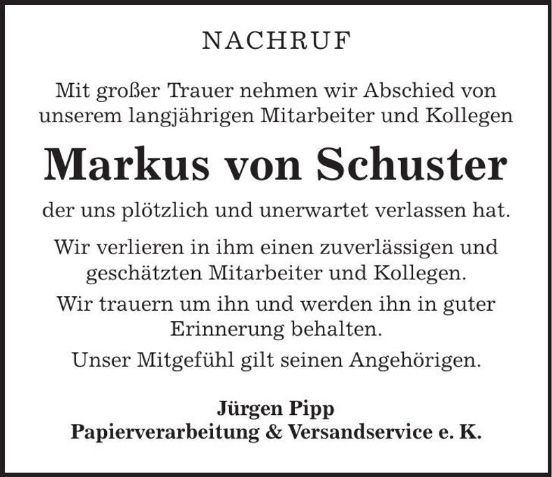 Traueranzeige Markus von Schuster