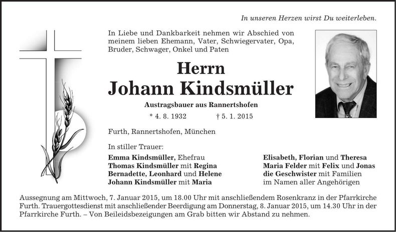 Traueranzeige Johann Kindsmüller